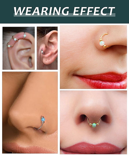 2PCS 18G Opal Cartilage Hoop Earrings, Hypoallergenic Silver Huggie Hoops