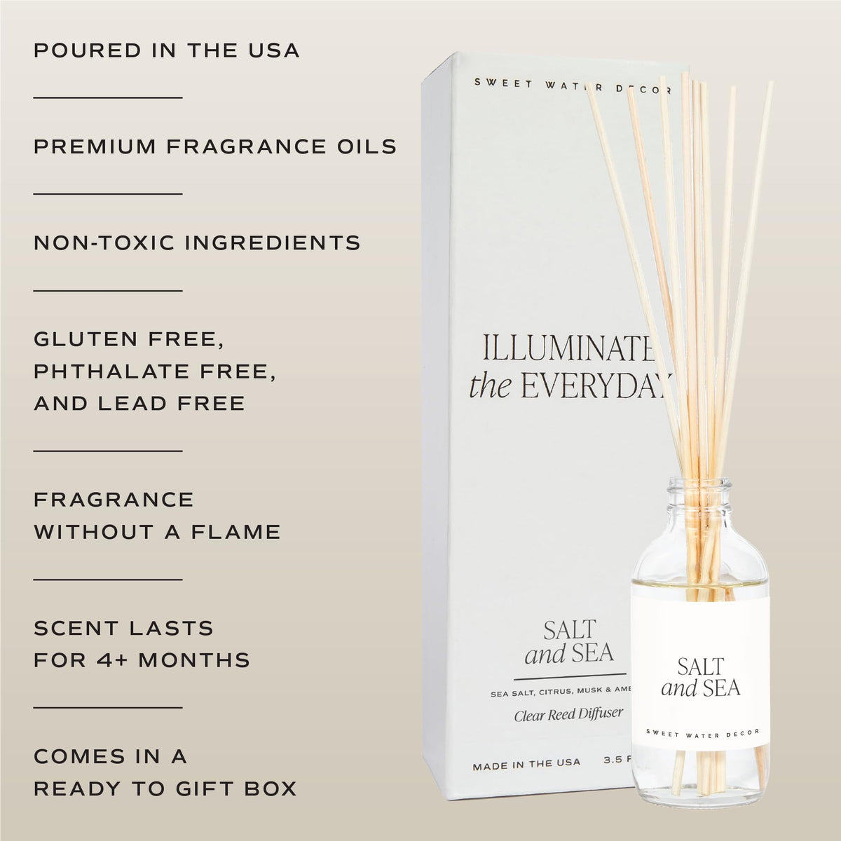 Sweet Water Decor Spa Day Reed Diffuser Set - Sea Salt, Jasmine, Wood, and Cream Scented Diffuser - Relaxing Spa Scent Diffusers for Home, Long Lasting Fragrance, Made in the USA