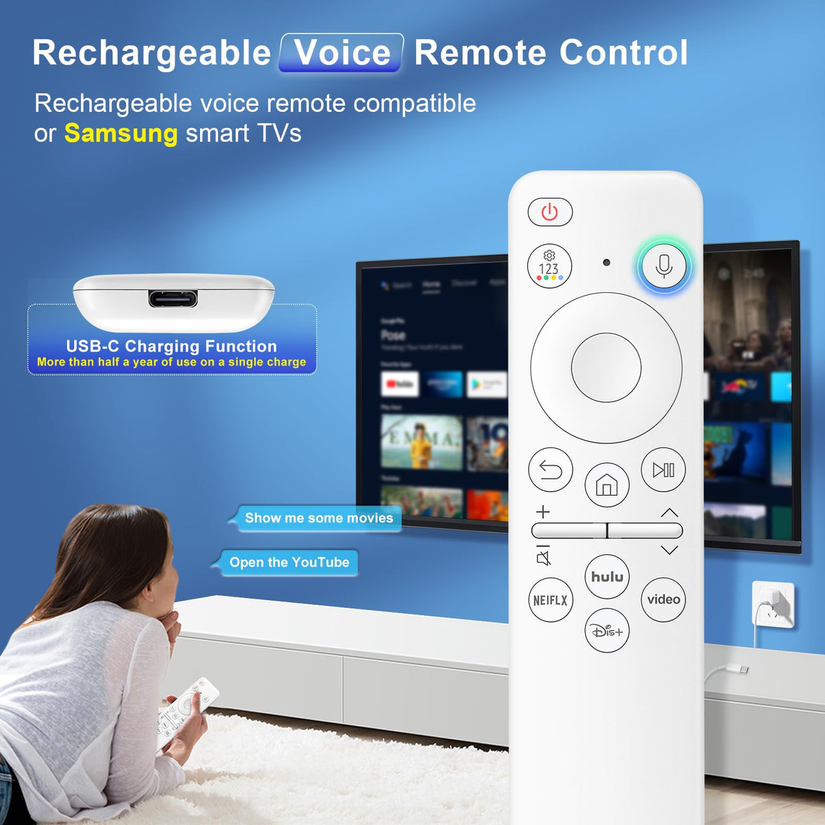 Replacement for Samsung TV Remote, for All 2018-2024 Samsung Remote Control for Smart TV with Voice Control. No Solarcell. 2-Year Warranty.
