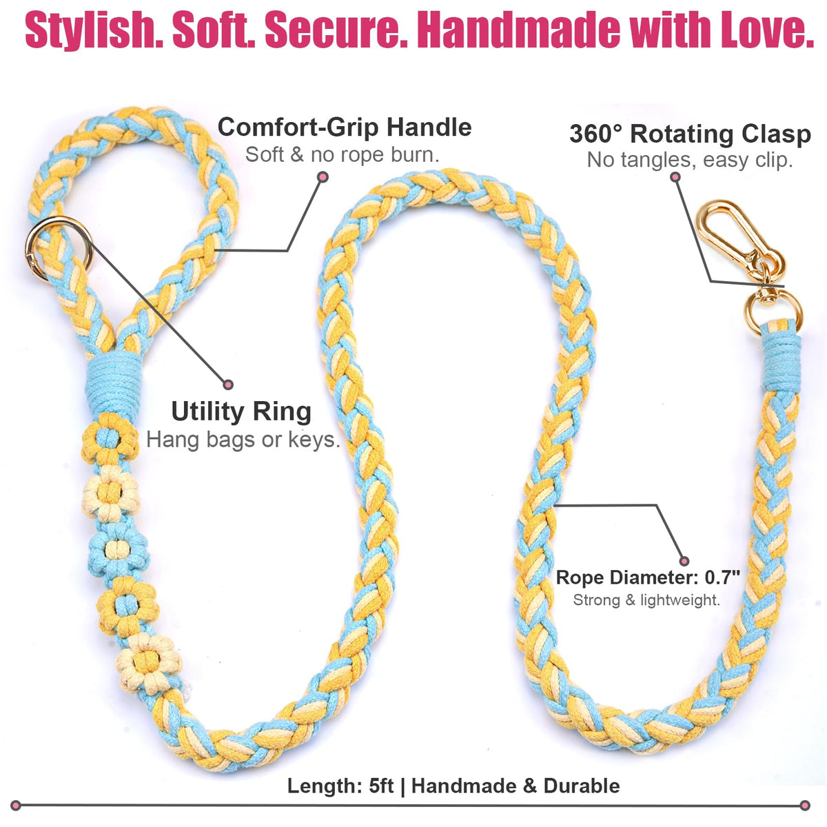 5FT Braided Cotton Rope Leash for Small, Medium and Large Dogs, Red & White Twist