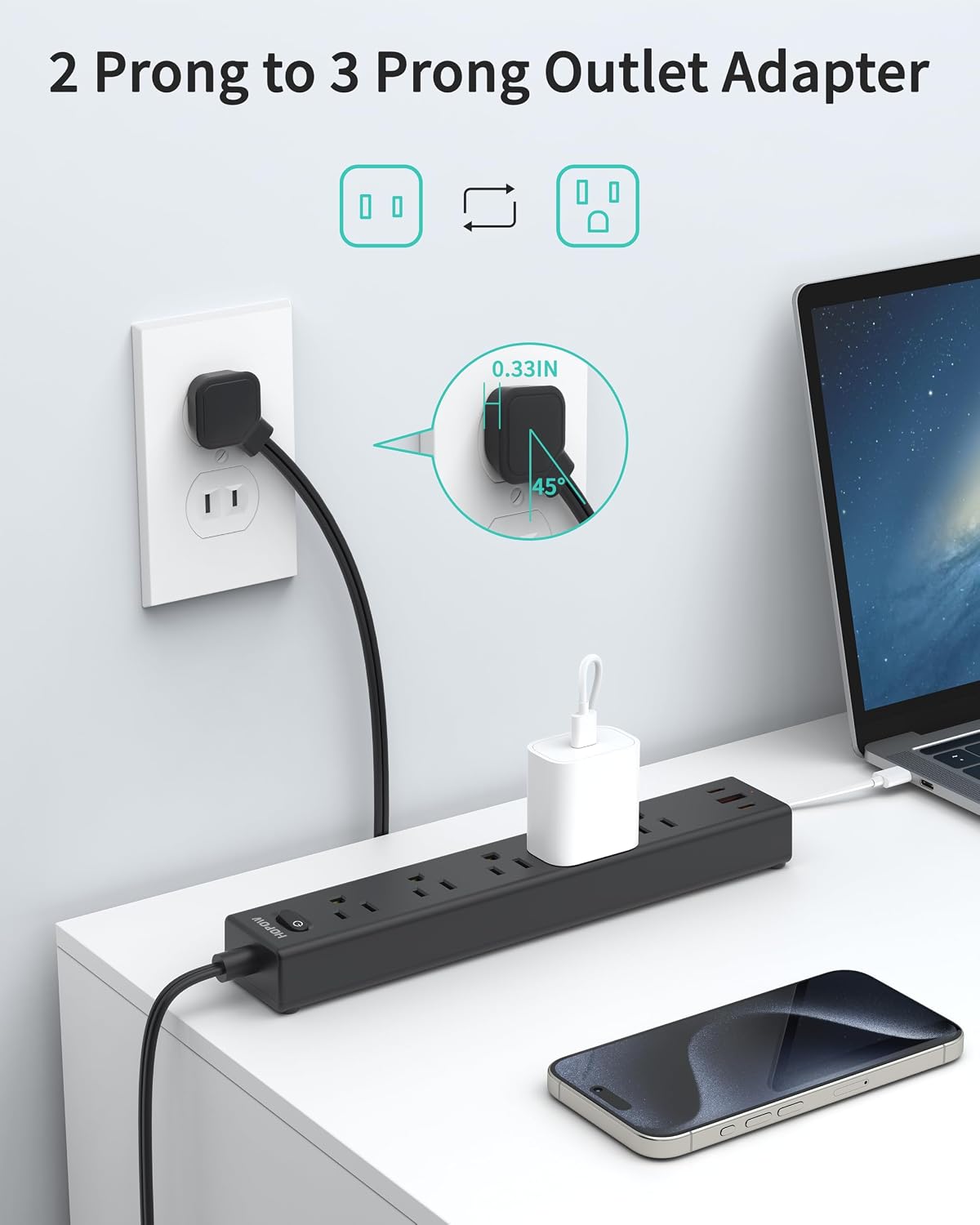 5 Outlets 2 Prong Power Strip with 3USB, 6FT Extension Cord for Old House