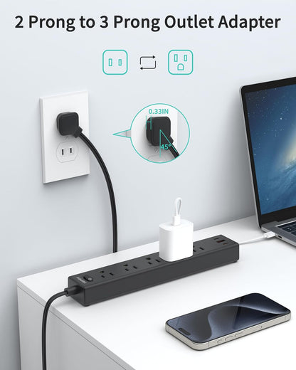 5 Outlets 2 Prong Power Strip with 3USB, 6FT Extension Cord for Old House