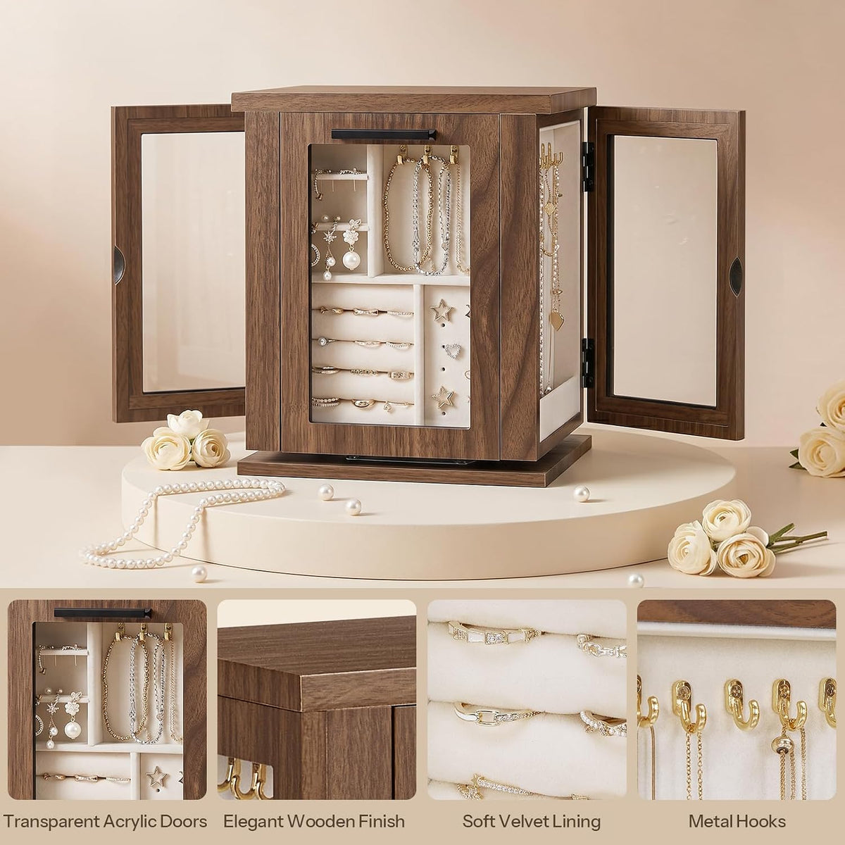 HOOBRO 360° Rotating Jewelry Box with Mirror, Wooden Jewelry Organizer Box