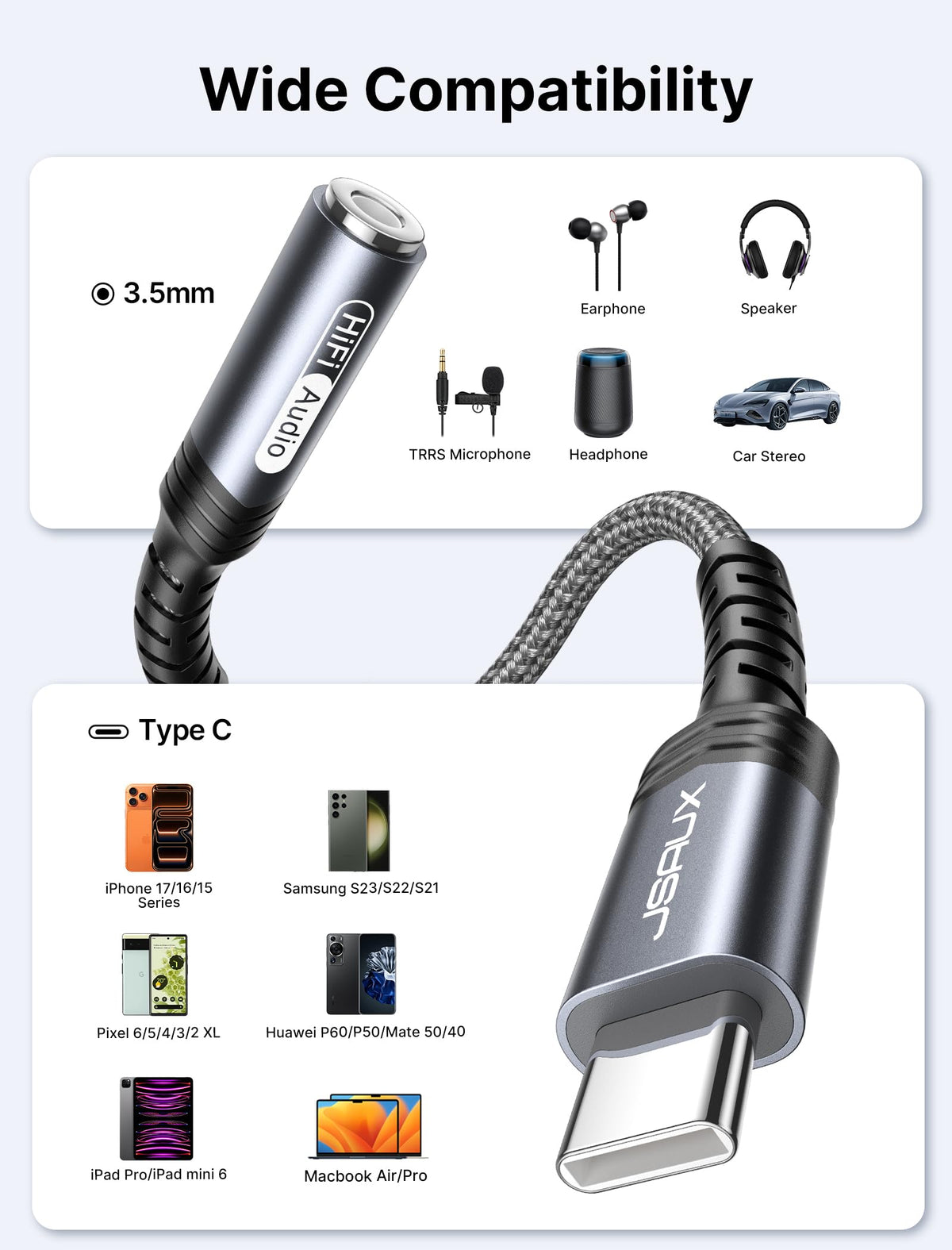 JSAUX 2 Pack USB C to 3.5mm Audio Adapter, Smart DAC Headset Dongle, Black