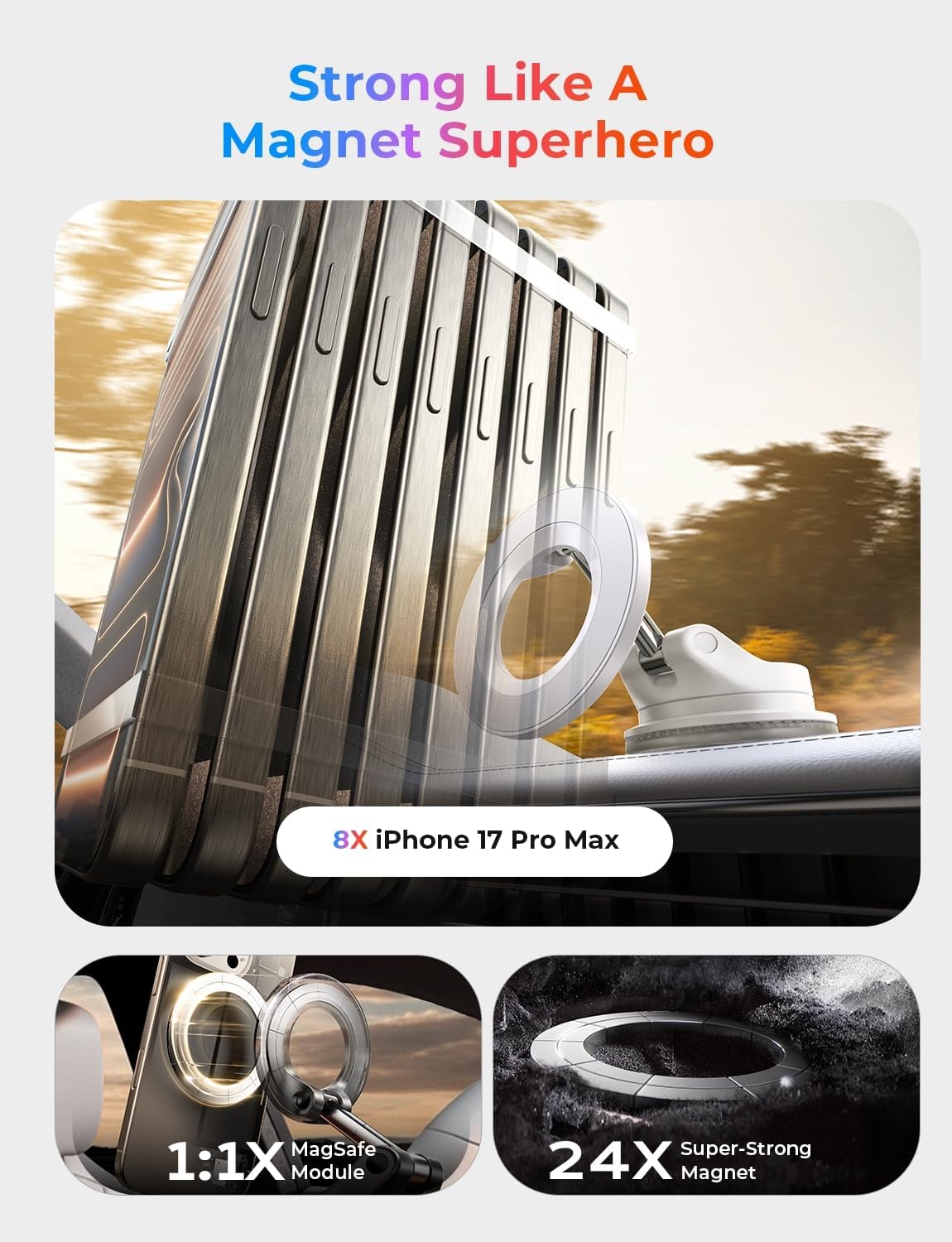 LISEN for MagSafe Car Mount [3800gf Strong Magnet&90+LBS Suction] 360° Adjustable Vacuum Magnetic Phone Holders for Your Car, for iPhone 18 Pro Max 17 16 15 Car Accessories Women Men Smartphone White