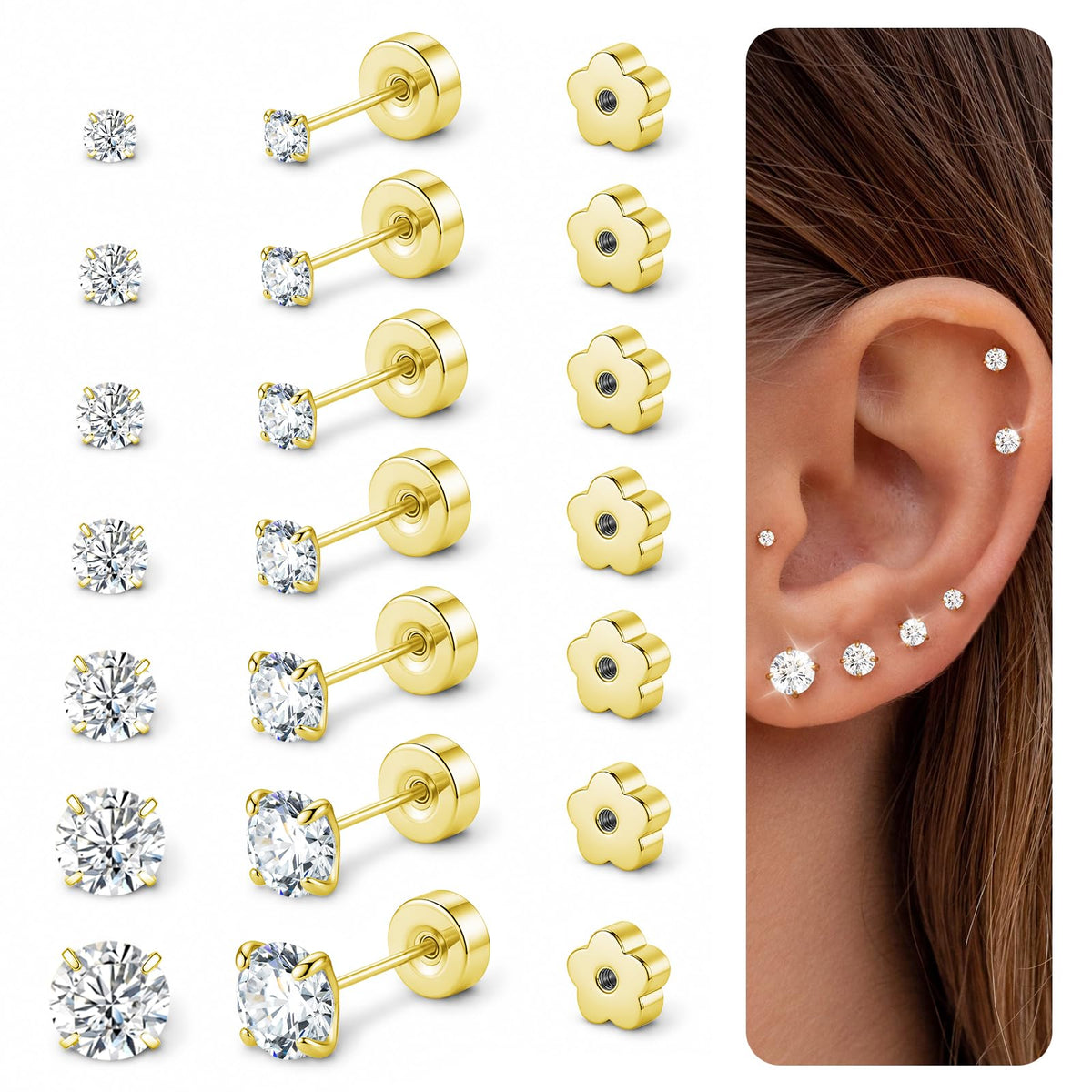 Flat Back Stud Earrings for Women Men 20G Hypoallergenic Surgical Steel Set