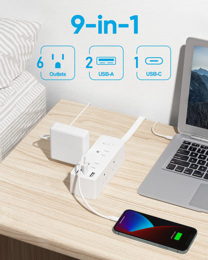 Flat Plug Power Strip with 10 FT Extension Cord, 6 Outlets 3 USB Ports(1 USB C), 3 Sided Outlet Extender for Home Office Travel Dorm Room Essentials, White