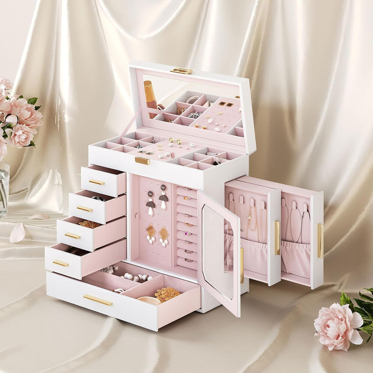 HOOBRO Jewelry Box with Mirror, 6-Layer Jewelry Organizer Box, Glass Window