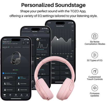 TOZO HT3 Hybrid Noise Cancelling Wireless Headphones, 90H Over Ear Headset