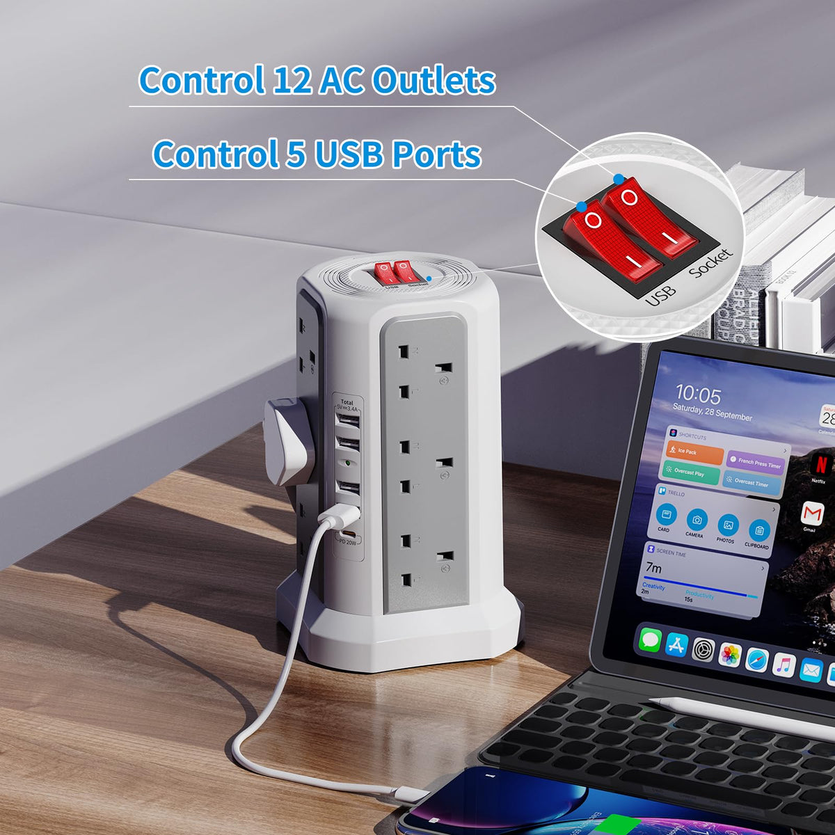 HAFINO Tower Extension Lead with USB Slots, PD18W USB C Fast Charger, 1.8M