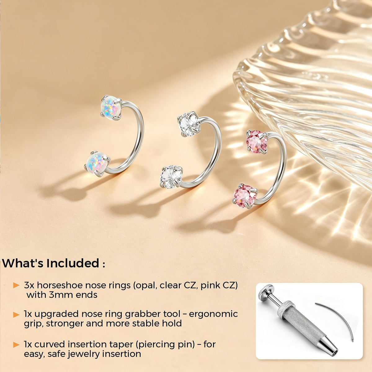 Horseshoe Nose Ring 20g 18g Gold Silver Opal CZ Double Gem Nose Rings Studs for Women Men 7mm 8mm Hypoallergenic Hoop Earrings Cartilage Helix Tragus Nostril Septum Daith Piercing Jewelry