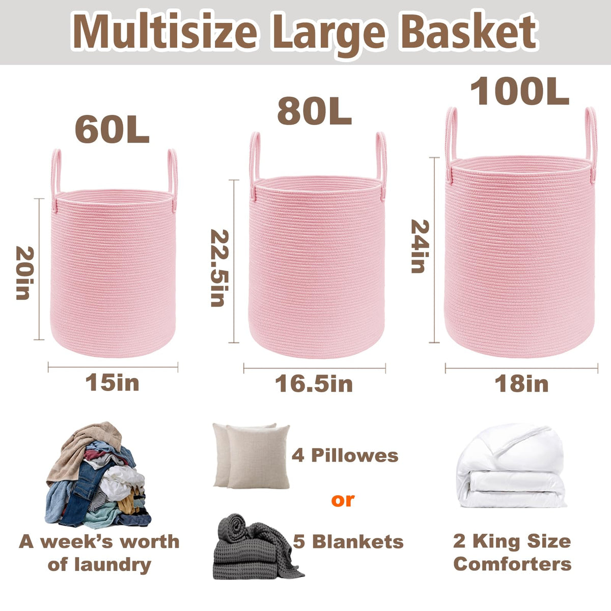 JMvicyroam 80L Nursery Hamper, Cotton Rope Laundry Basket, Brown&Black