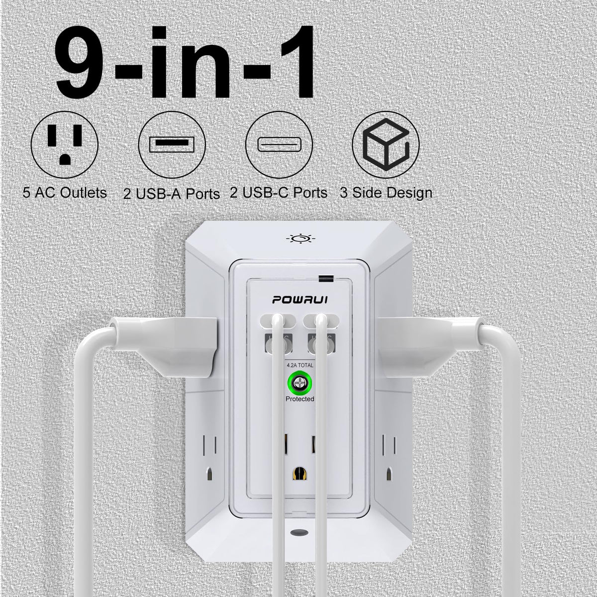 Multi Plug Wall Outlet Night Light, POWRUI 6 Outlet Extender & 3 USB Ports