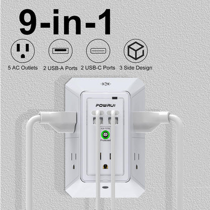 Multi Plug Wall Outlet Night Light, POWRUI 6 Outlet Extender & 3 USB Ports