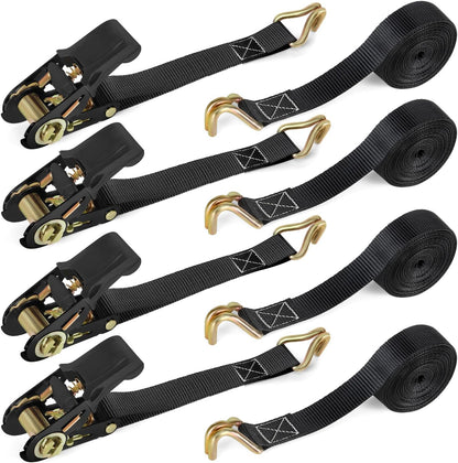 Ratchet Straps with Hook, 6M x 25MM, Heavy Duty, 4 Pack/Black