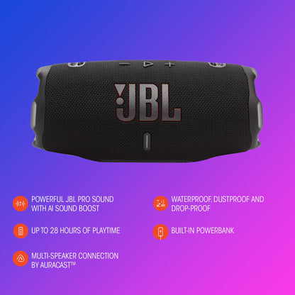 JBL Charge 6 Portable Waterproof Speaker with Powerbank and Strap - Black (Renewed)