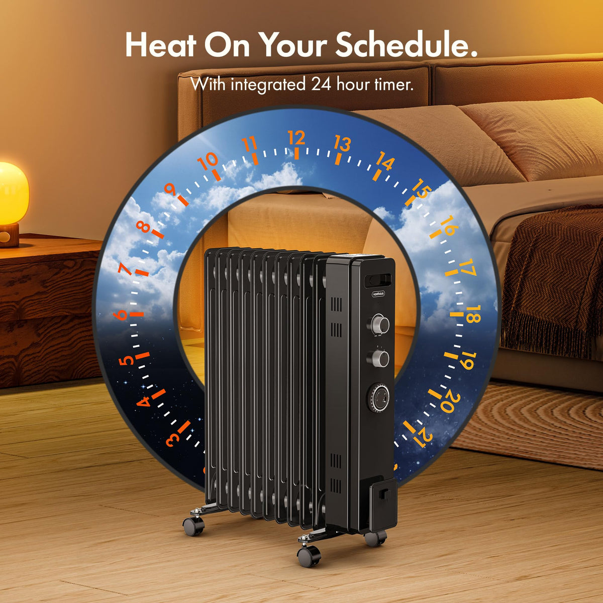 VonHaus Oil Filled Radiator 11 Fins – 2500W, 3 Heat Settings, 24 Hour Timer