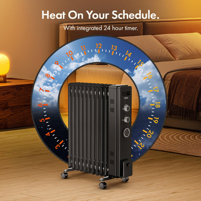 VonHaus Oil Filled Radiator 11 Fins – 2500W, 3 Heat Settings, 24 Hour Timer
