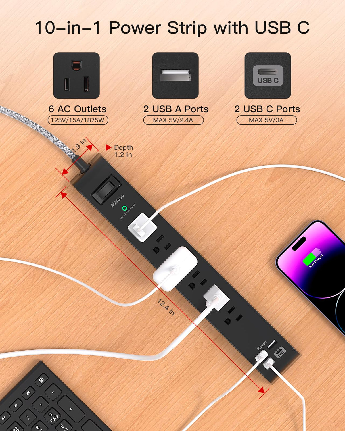 2 Pack 20FT Power Strip Surge Protector, Extension Cord Multiple Outlets