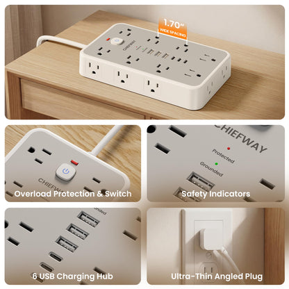 6 FT Surge Protector Power Strip with 6 USB, 16 Outlets, 2400J