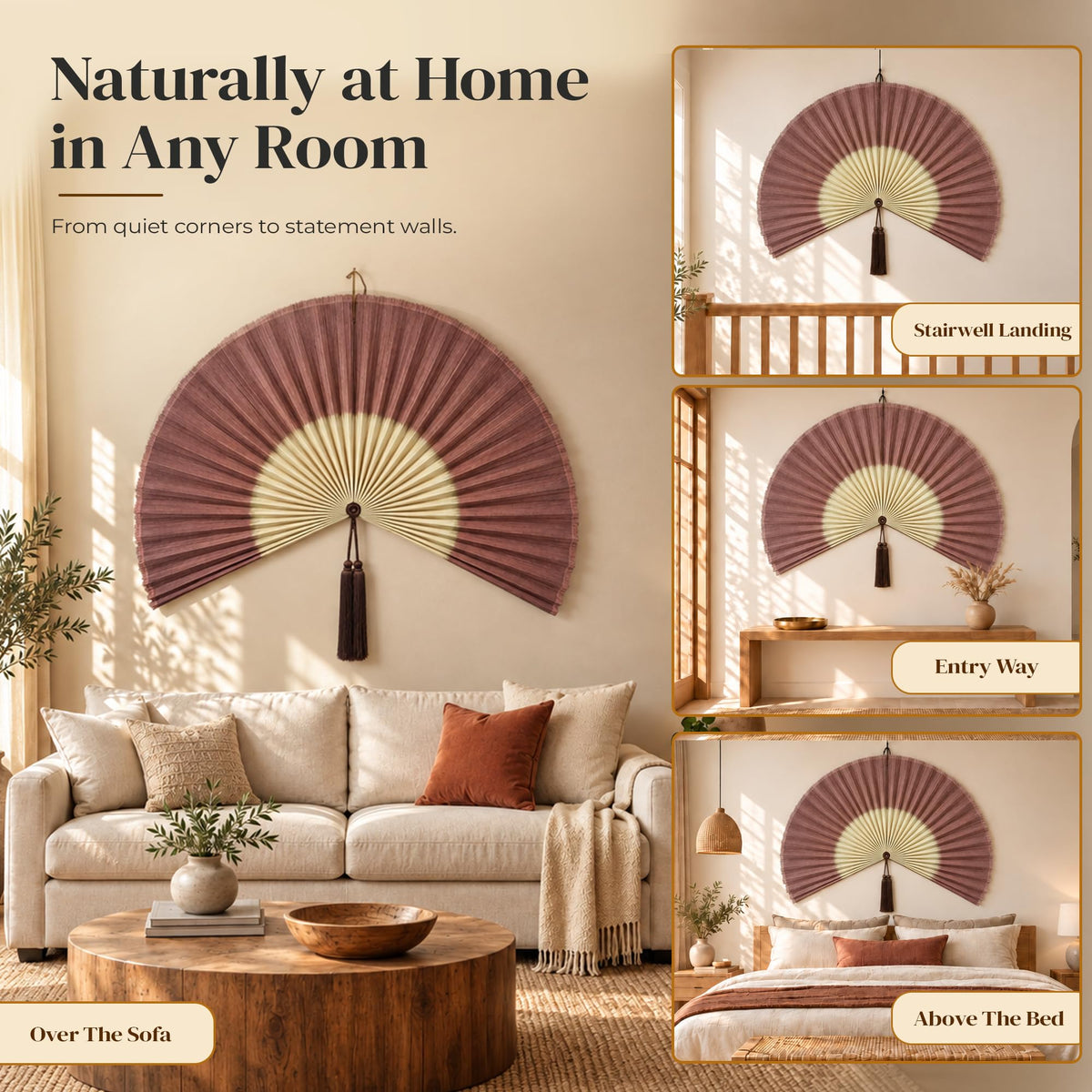 ChumDecor Bamboo Fan Wall Decor, Japanese Wall Fan, Red Brown 40 in