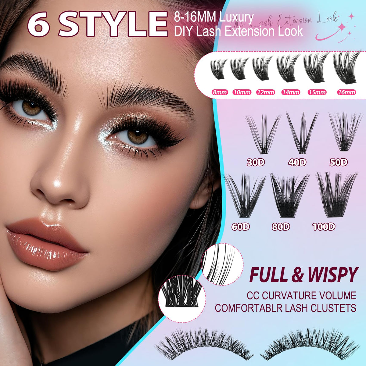 Lash Clusters Wispy 60D Eyelash Clusters 10-18mm Fluff Cluster Eyelash Extensions D Curl No Plastic Feel Individual Lashes Extension 240 Pcs Versatile False Eyelashes Clusters