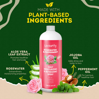 Loc Spray - Locsanity Daily Moisturizing Rosewater & Peppermint Spray for Locs, Dreadlocks - Lightweight Frizz Control Hair & Scalp Moisturizer - Natural Loc Care (8 fl oz)
