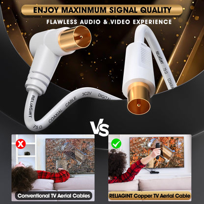 TV Aerial Cable 0.5m, 75 Ohm Coaxial Lead, IEC 9.5mm Male to Male 3C2V Pure Copper Dual Shielded, Right-Angle Connector, Female to Female Adaptor Included, Black