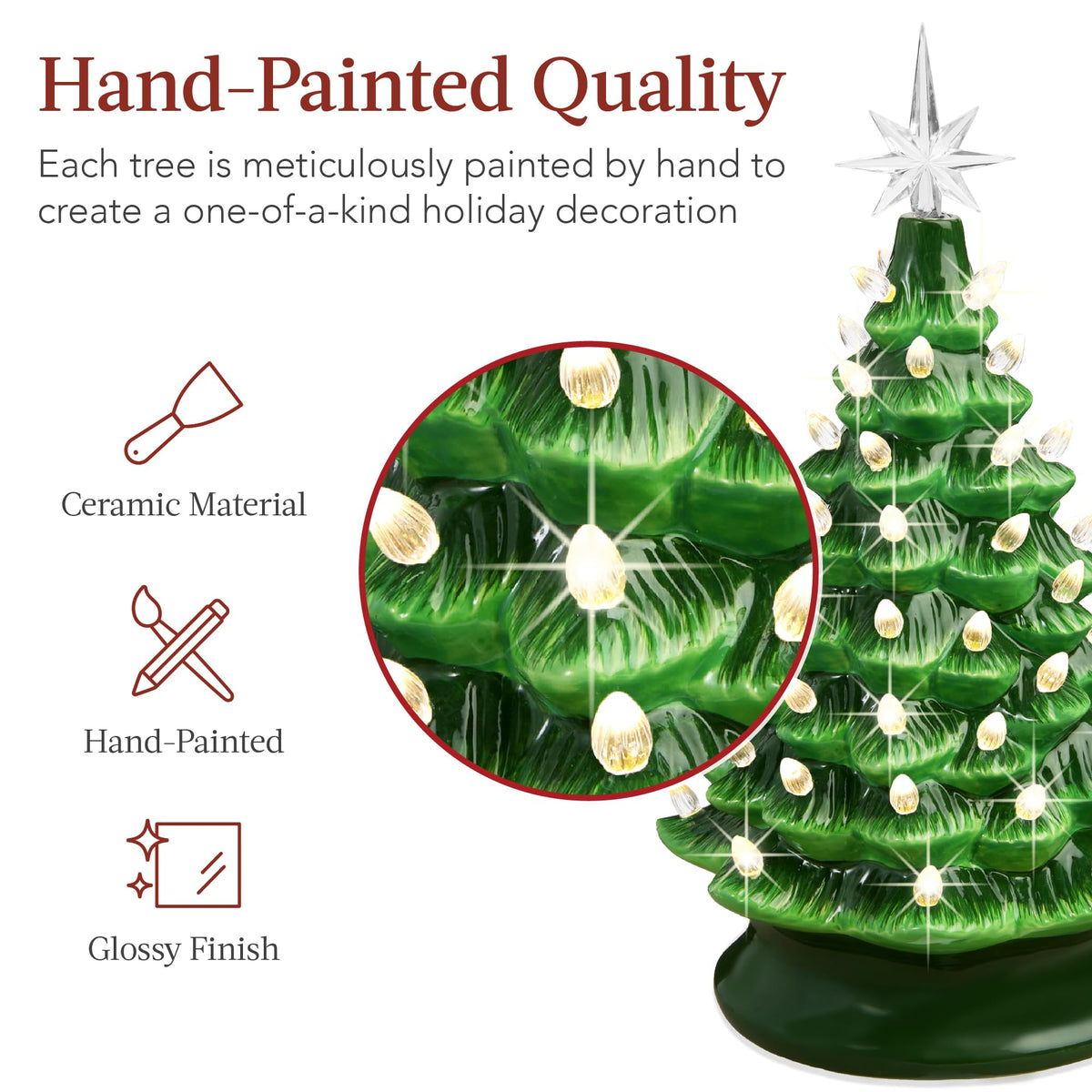 Best Choice Products 15in Ceramic Christmas Tree, Pre-lit Hand-Painted Tabletop Holiday Tree, Star Topper, 64 Lights - Green w/Multicolored Bulbs