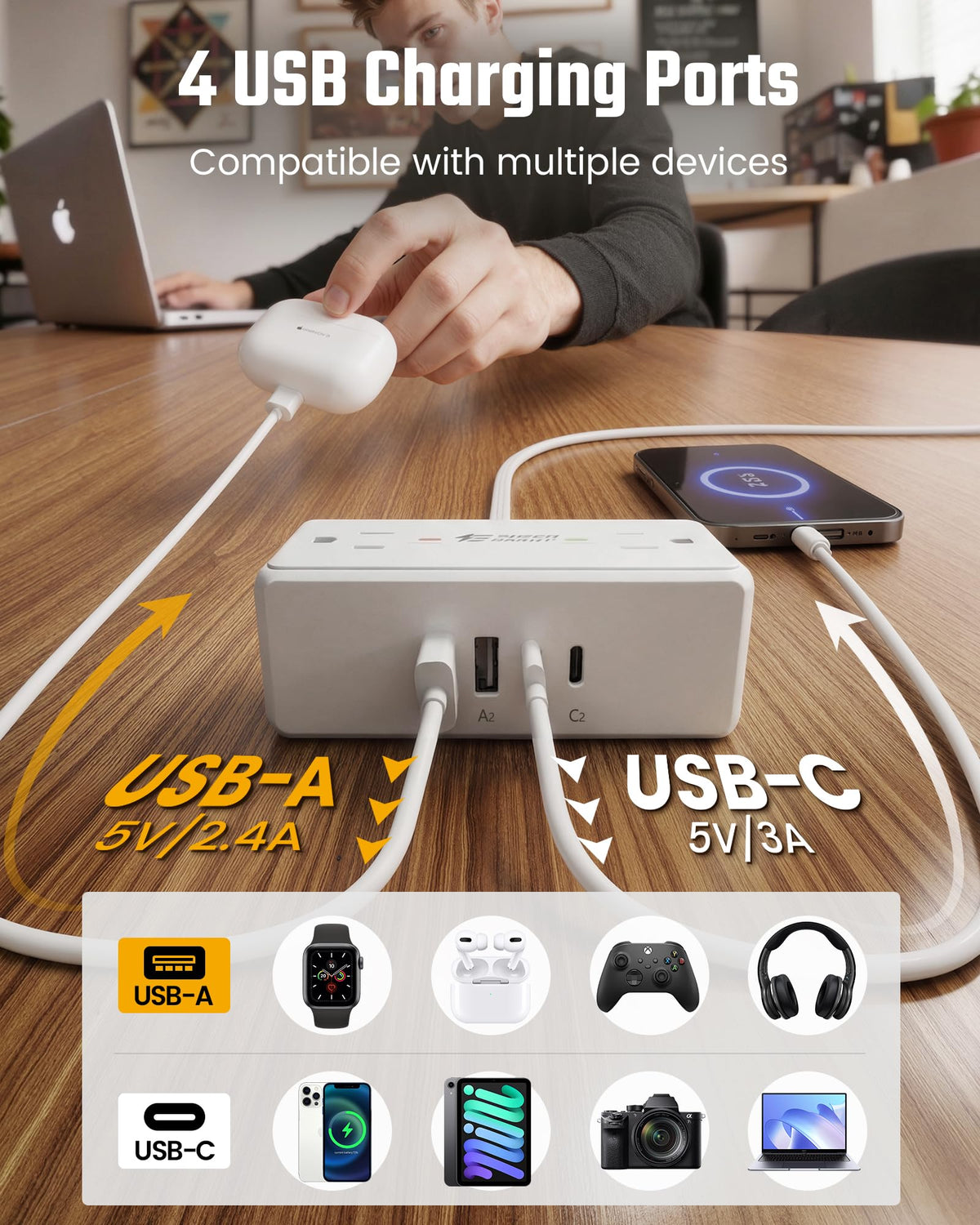 10Ft Long Extension Cord, SUPERDANNY Flat Plug Surge Protector Power Strip