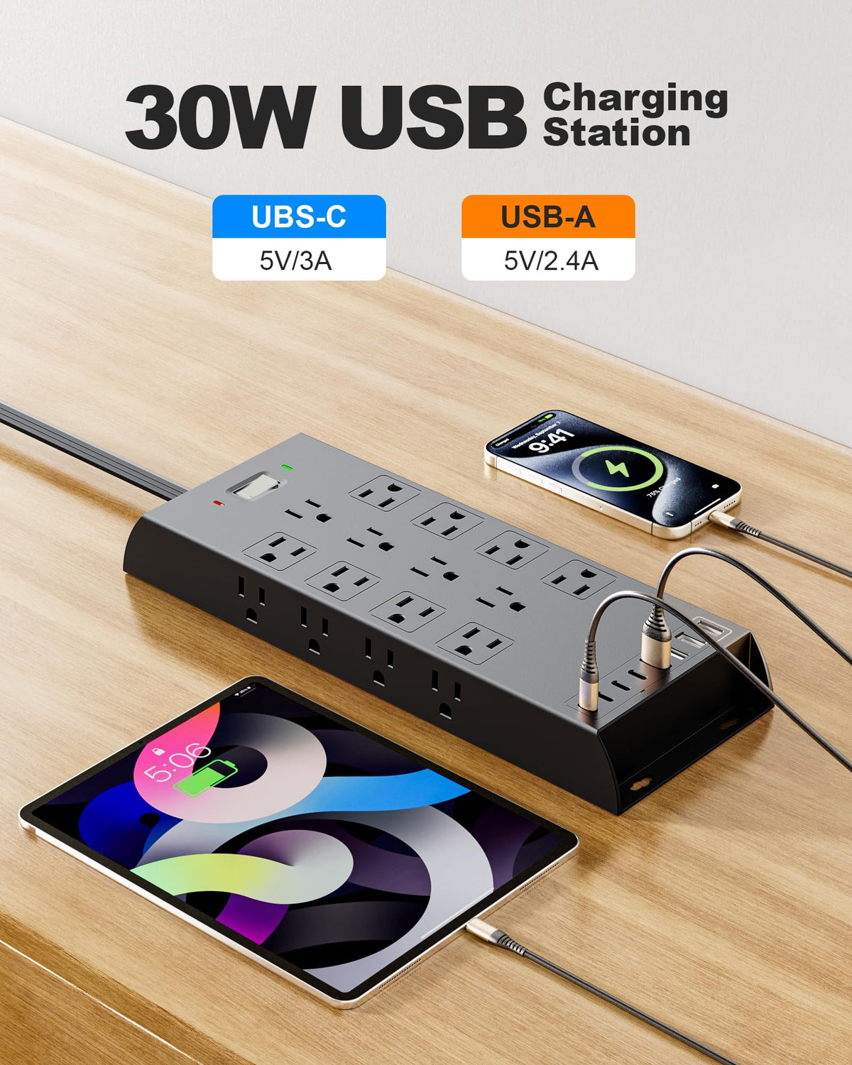 Surge Protector Power Strip 4800J, LeZone 10Ft Long Extension Cord Flat Plug, 20 Outlets 4 USB-A 4 USB-C Ports, Wall Mountable, Home Office Dorm Essentials, Black