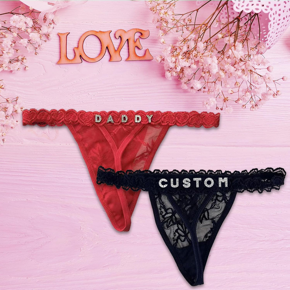 2-Pack Personalized Thongs with Names, Custom Lace Underwear Panties with Rhinestone Shiny Letter Name for Women & Girlfriend Birthday Gift/Valentine's Day Gift Black