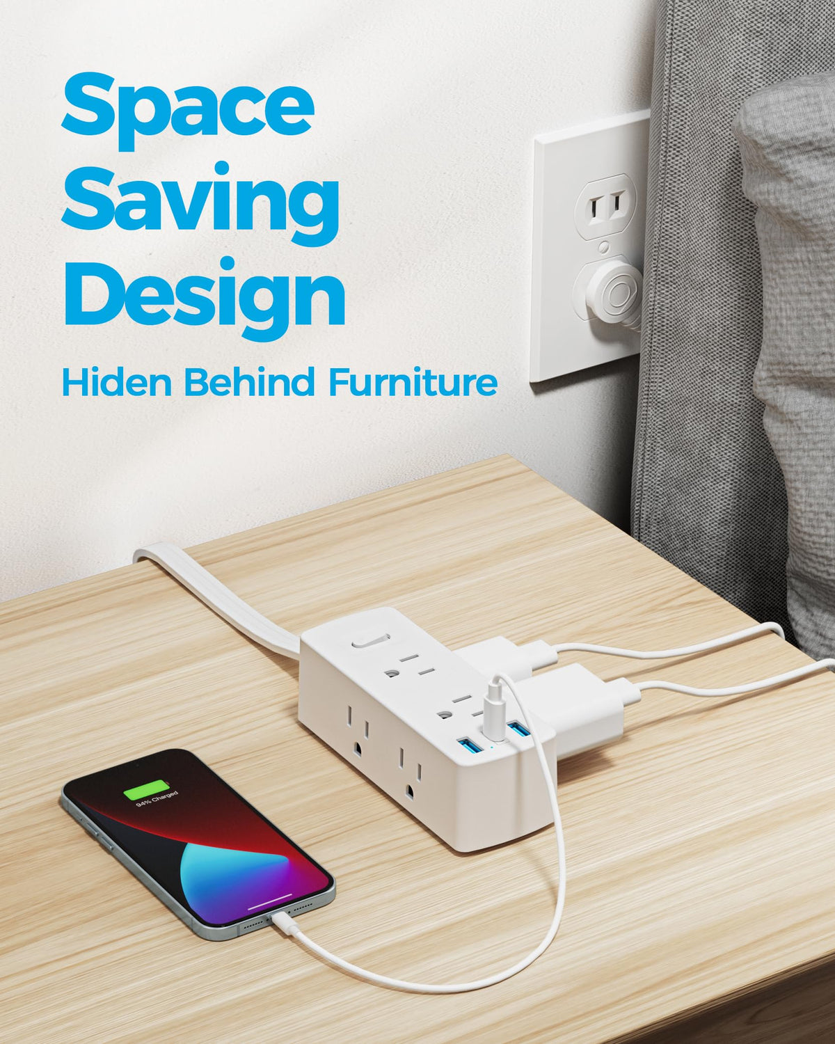 Flat Plug Power Strip with 10 FT Extension Cord, 6 Outlets 3 USB Ports(1 USB C), 3 Sided Outlet Extender for Home Office Travel Dorm Room Essentials, White