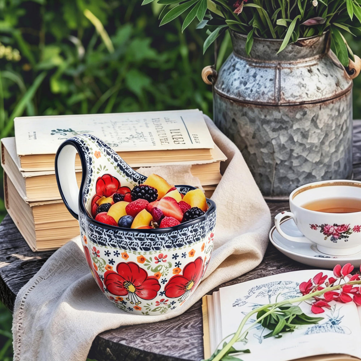 ALMA Handpainted Soup Bowl with Large Loop Handle,Easier Secure Grip