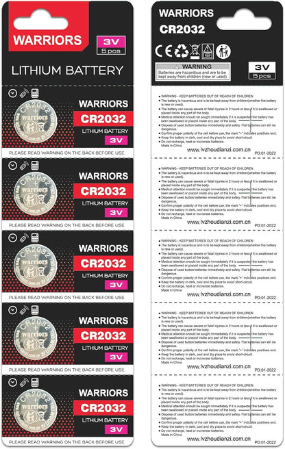 Warriors 5X CR2032 Batteries, 3V 240mAh Lithium Coin Batteries