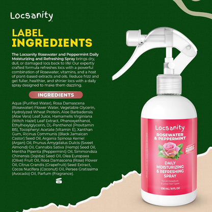 Loc Spray - Locsanity Daily Moisturizing Rosewater & Peppermint Spray for Locs, Dreadlocks - Lightweight Frizz Control Hair & Scalp Moisturizer - Natural Loc Care (8 fl oz)
