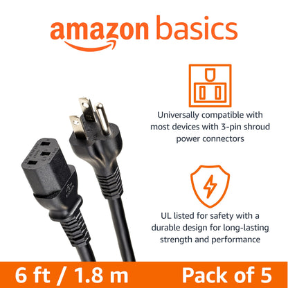 Amazon Basics Replacement Power Cord for Computer, Monitor, TV, Printer, PC, 3 Prong, 18 AWG, 125 Volts, 10 Feet, Black