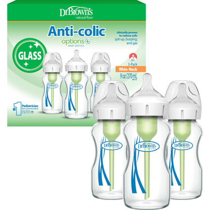 Dr. Brown's Anti-Colic Options+ Wide-Neck Glass Baby Bottle, 5 oz, 1-Pack