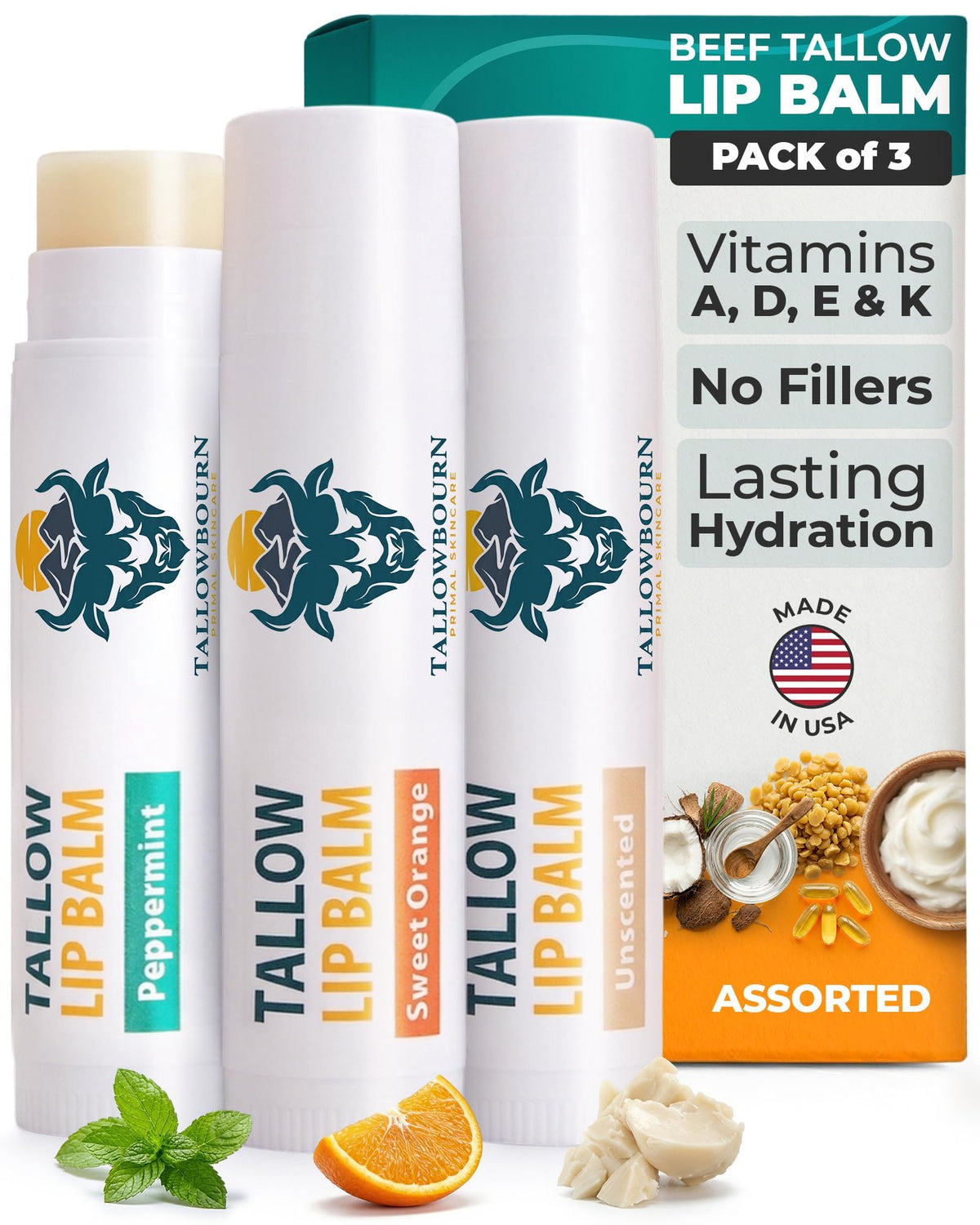Moisturizing Grass-Fed Beef Tallow Lip Balm 3pk – Sweet Orange