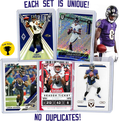 Lamar Jackson Football Card Bundle, Set of 5 Assorted Baltimore Ravens and Louisville Cardinals Mint Football Cards Gift Set of Heisman MVP Quarterback Lamar Jackson, Protected by Sleeve and Toploader