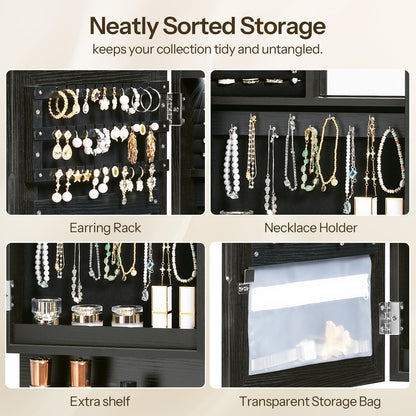 HOOBRO Wall Mounted Jewelry Cabinet, LED Jewelry Armoire with Interior Mirror, Hanging Jewelry Organizer for Wall, Lockable Jewelry Storage Cabinet, 3.9 x 11.8 x 20.9 Inches, White