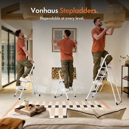VonHaus 3 Step Ladder – Premium Quality Folding Step Ladder for DIY and Gardening - Anti Slip Feet, Easy to Store Ladder, 150KG Max Capacity - Durable Steel