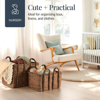 Best Choice Products 3Pc Shelf Baskets, Small, Large and XL Chunky Woven Wicker Rattan Storage Baskets w/Braided Handles, Organizer Bins for Blankets, Pillows, Shoes and Toys - Chestnut