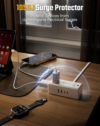10Ft Long Extension Cord, SUPERDANNY Flat Plug Surge Protector Power Strip