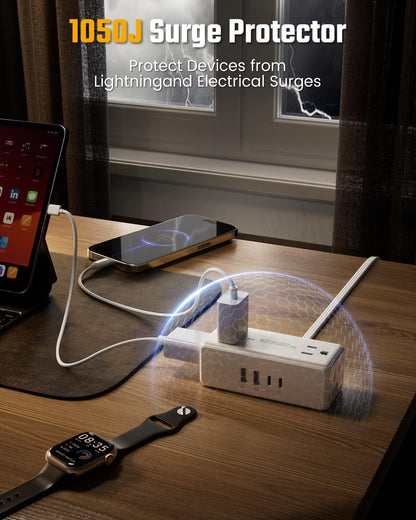 10Ft Long Extension Cord, SUPERDANNY Flat Plug Surge Protector Power Strip