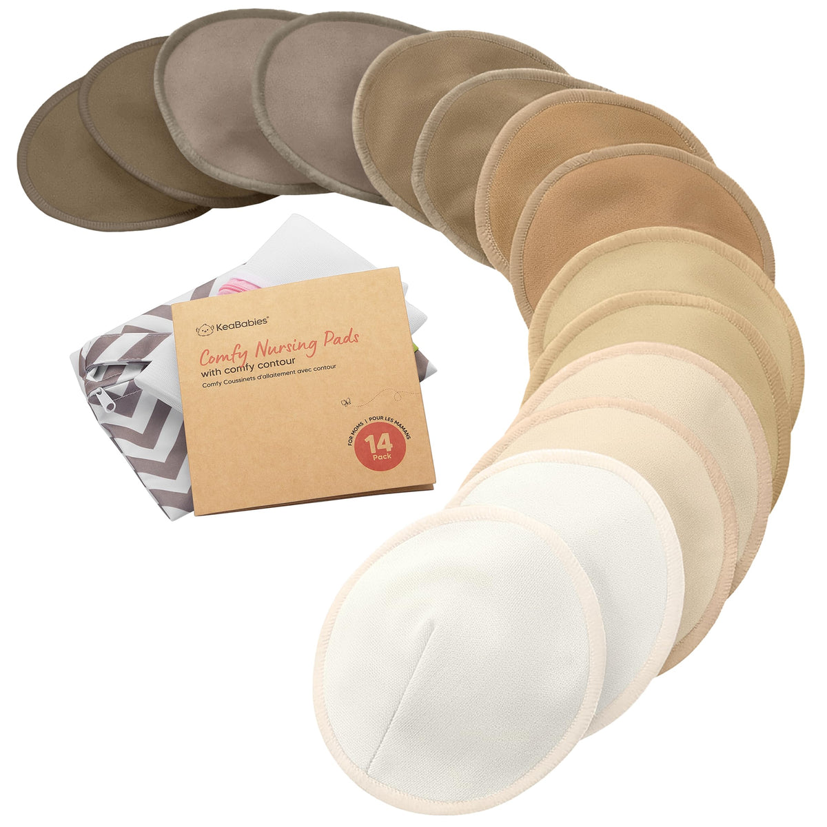 Organic Nursing Pads, 14 Washable Breast Pads,Wash Bag (Neutrals, XL 5.6")