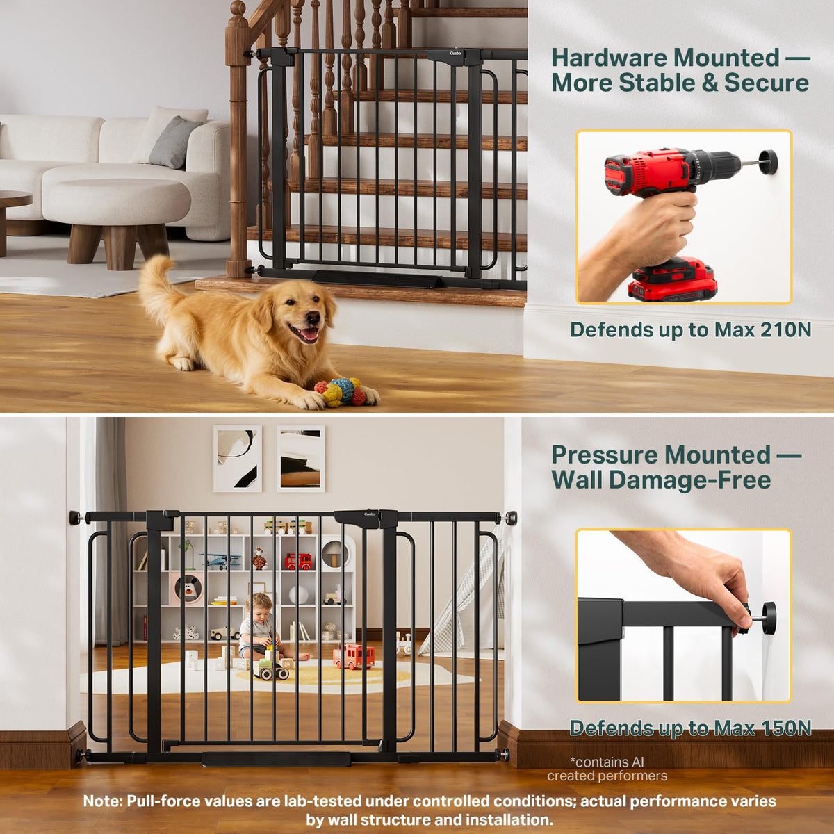 Cumbor 29.7-51.5 in Extra Wide Baby Gate for Stairs, Dog Gate Indoor Black