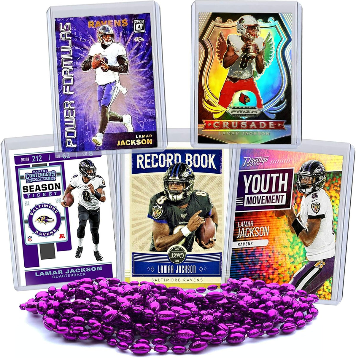 Lamar Jackson Football Card Bundle, Set of 5 Assorted Baltimore Ravens and Louisville Cardinals Mint Football Cards Gift Set of Heisman MVP Quarterback Lamar Jackson, Protected by Sleeve and Toploader