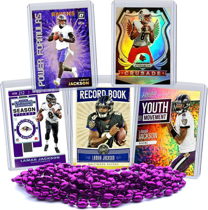 Lamar Jackson Football Card Bundle, Set of 5 Assorted Baltimore Ravens and Louisville Cardinals Mint Football Cards Gift Set of Heisman MVP Quarterback Lamar Jackson, Protected by Sleeve and Toploader