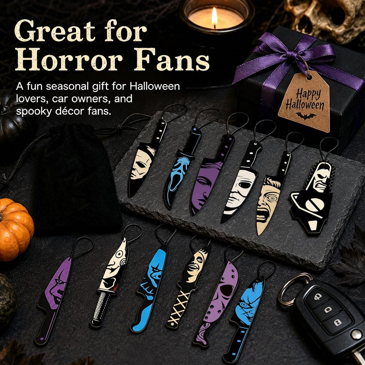 Horror Car Air Fresheners 12-Pack, Scary Movie Hanging Decorations for Rearview Mirror, Novelty Knife & Chainsaw Design Freshies, Halloween Car Accessories Gift Set (12knife)